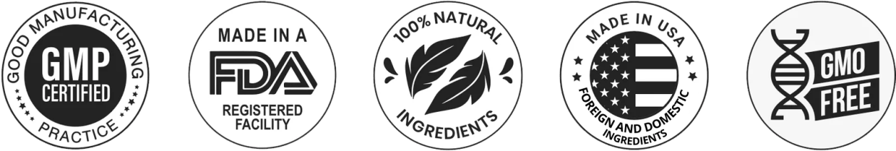 Stratos Alpha certifications — Made in USA, GMP Certified, FDA Registered, 100% Natural, Non-GMO