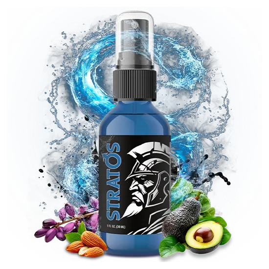 Stratos Alpha supplement bottle — Premium Male Performance Formula, supports stamina, libido, and energy
